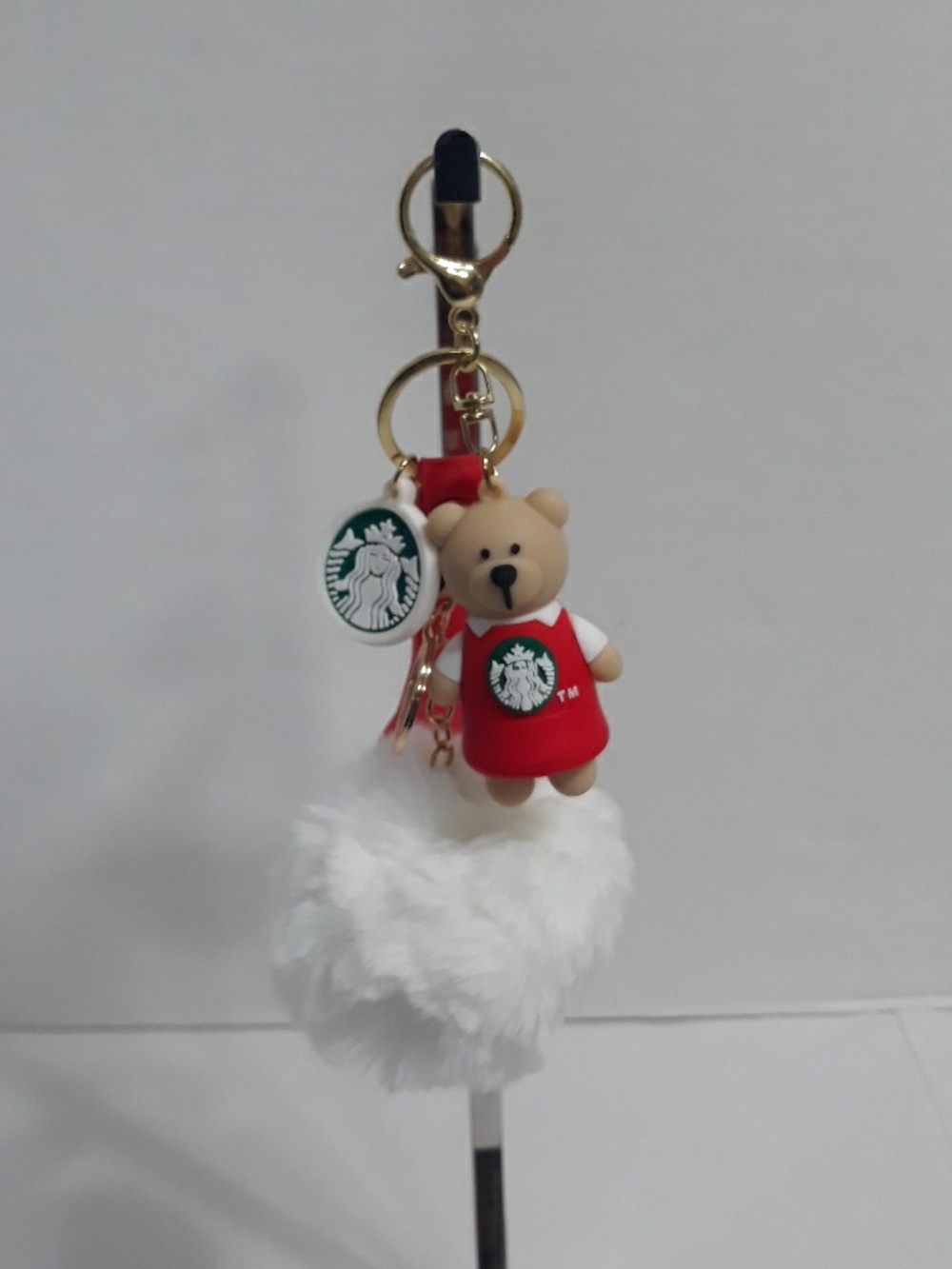 Starbucks Beige Bear Keychain/Bag Charm with Red Apron and White Pom Pom *NWOT*